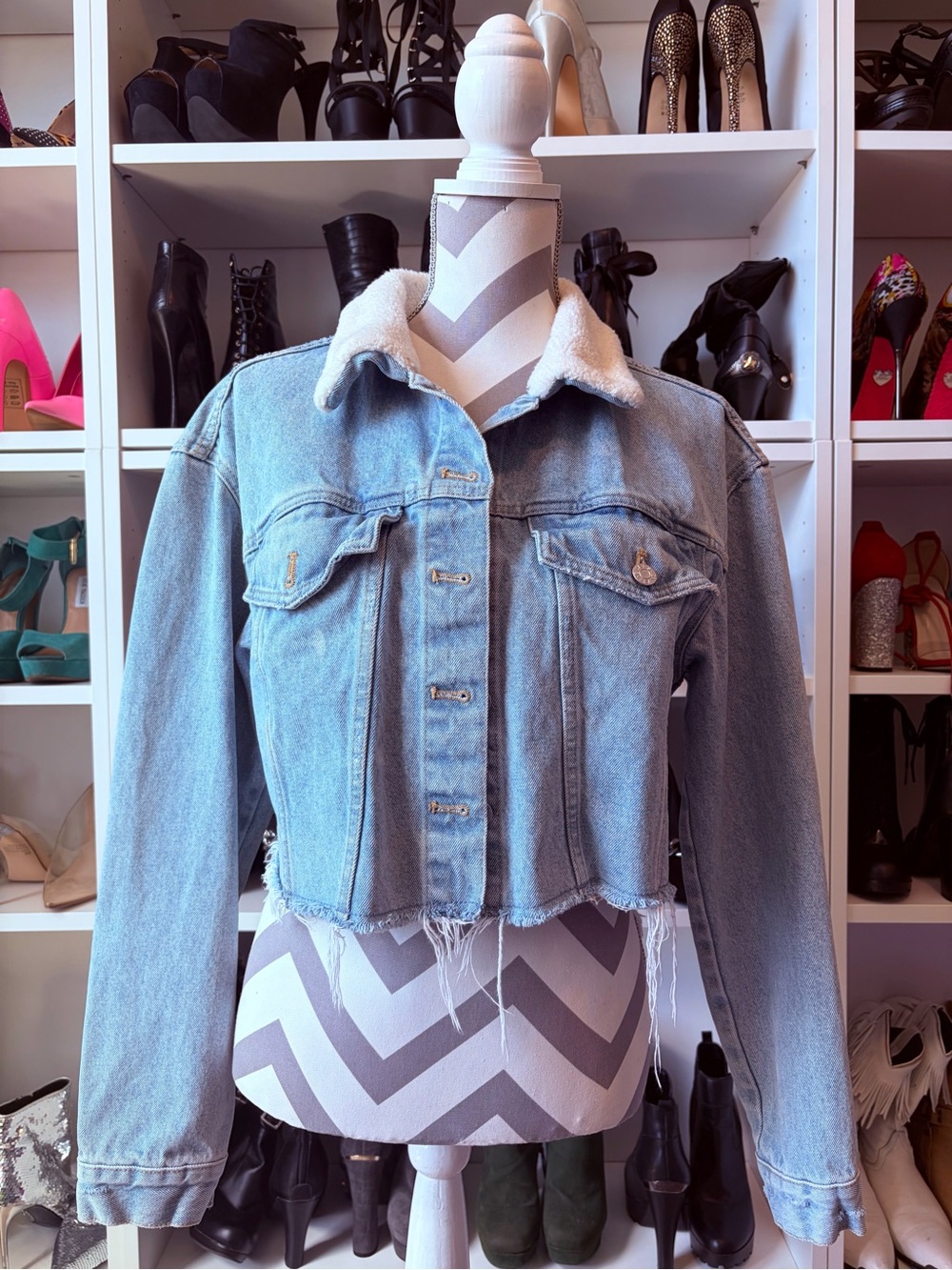 Guess Light Blue Denim Sherpa Collar Cropped Jacket